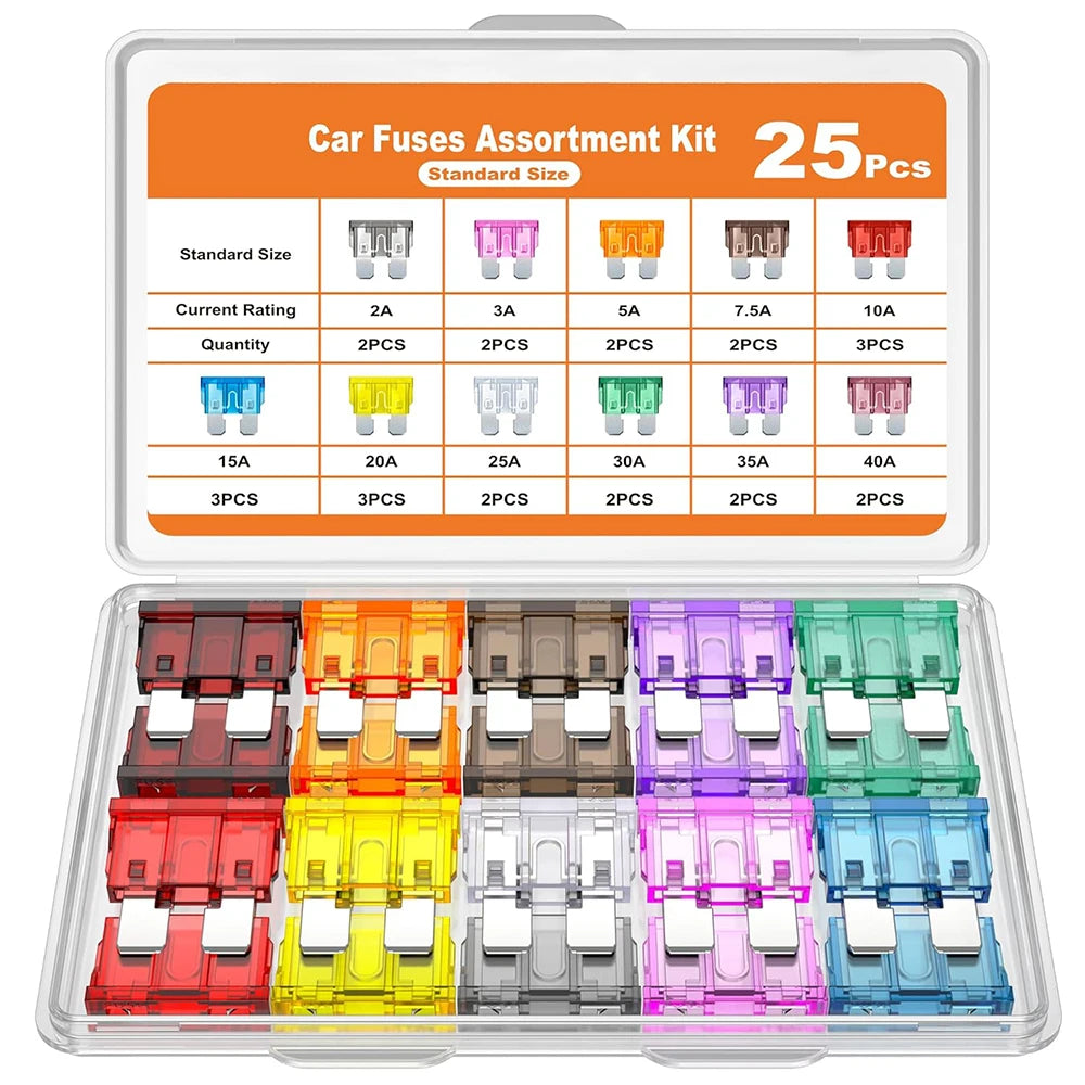 30/25pcs Blade Fuse Assortment Kit Standard Mini Fuse Mixed Motorcycle Circuit Fuse 2A 3A 5A 7.5A 10A 15A 20A 25A 30A 35A 40A