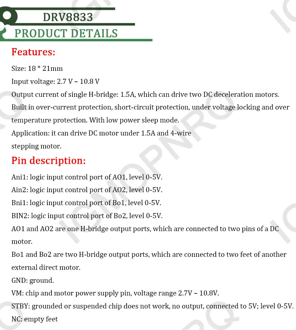 TB6612 DRV8833 Dual Motor Driver 1A TB6612FNG for Arduino Microcontroller Better than L298N
