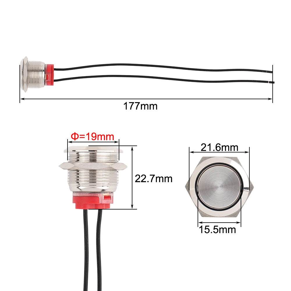 1 pc 22mm19mm16mm Waterproof Metal Push Button Switches With 4 Wires 165mm 1NO Red Green Blue 12-24V High Momentary latching