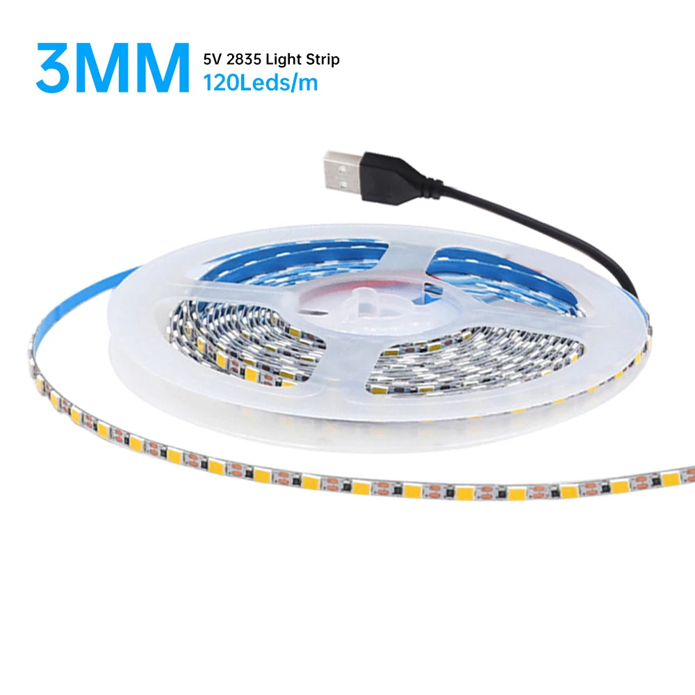 5V 2835 LED Strip Light 3mm 5mm 8mm PCB Width 120Leds/m Flexible LED Tape Ribbon Diode USB/2PIN Wire Led Lights for Room Decor