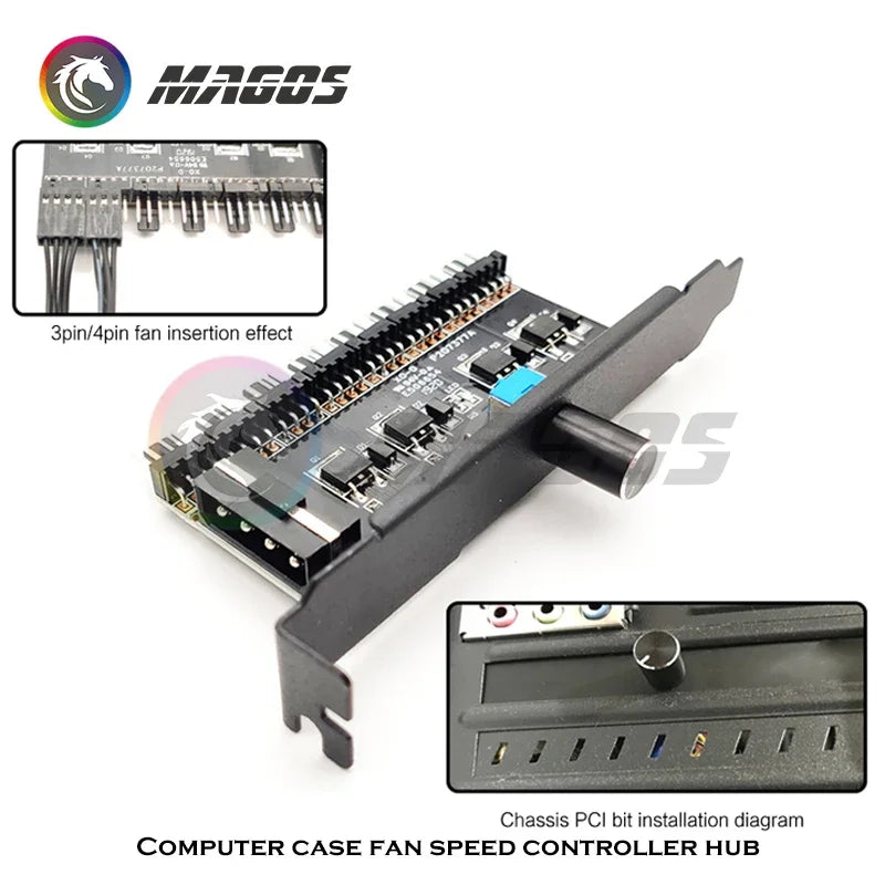 Computer Case 3Pin/4Pin Fan Hub PWM Controller SATA / Molex Splitter PCI Slot External Buttons for Easy Speed Adjustment