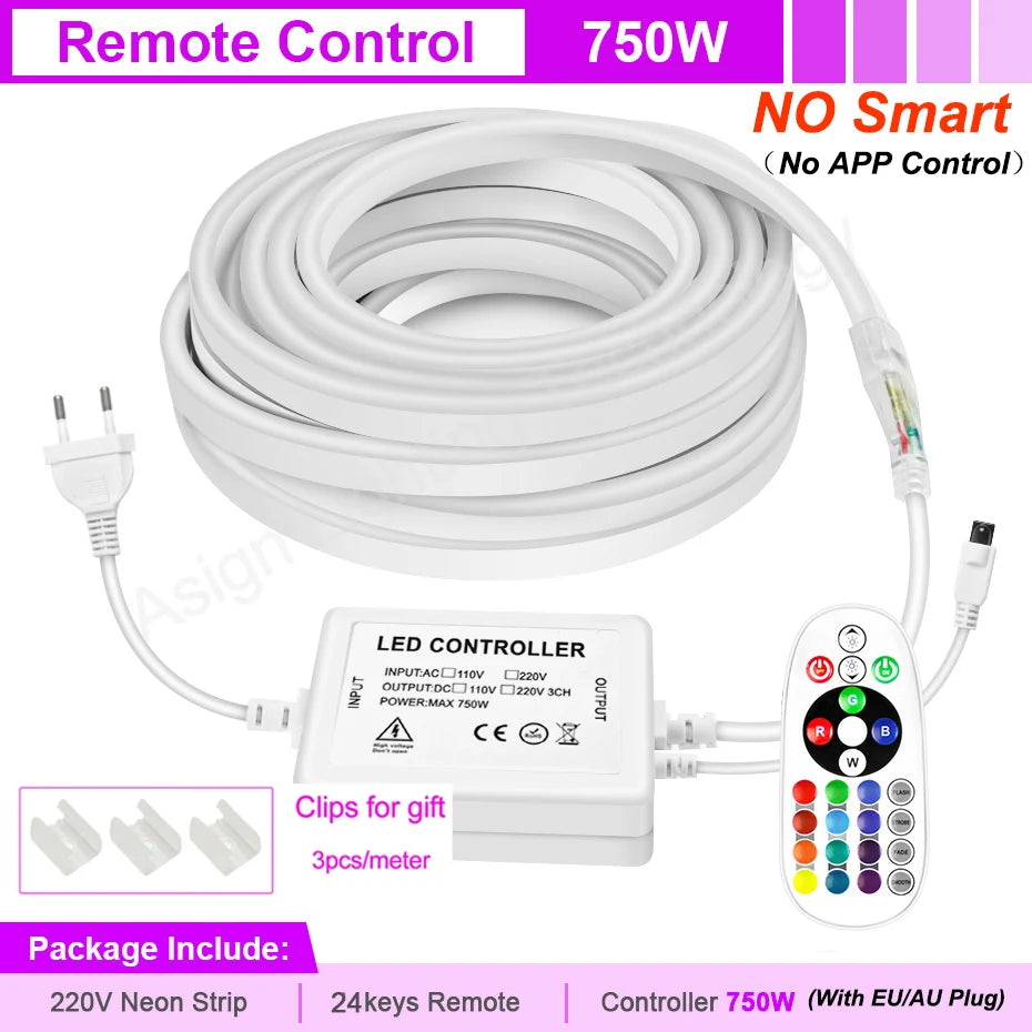 30M 20M 10M RGB LED Neon Strip Light 220V Decor Home Lighting Waterproof Flexible LED Ribbon Remote/Bluetooth/Tuya WiFi Control