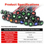 12mm Plastic Push Button Switch IP65 Waterproof 12V 24V Pre-Wired Symbol LED Dash Indicator Switch for Car Marine Boat RV Truck
