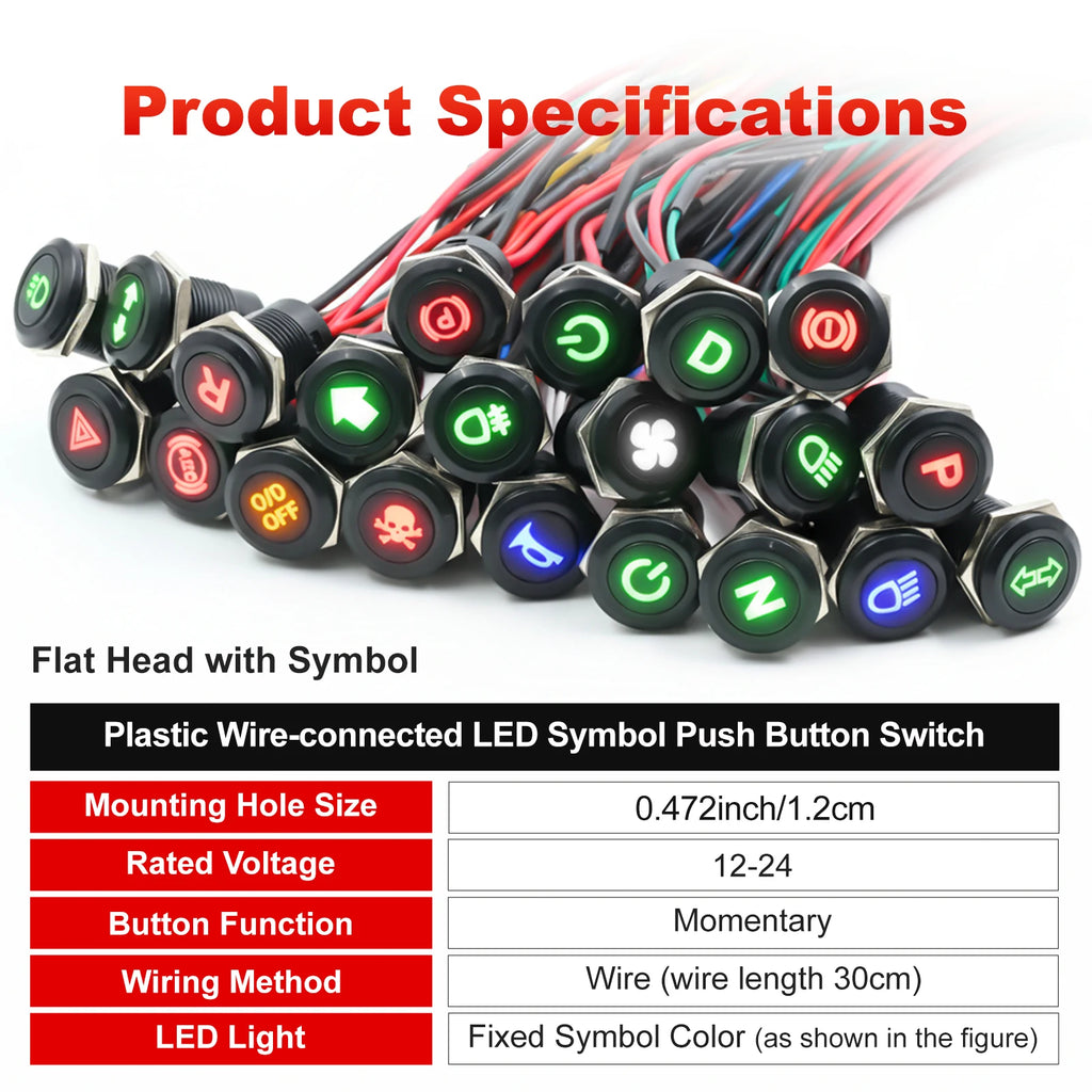 12mm Plastic Push Button Switch IP65 Waterproof 12V 24V Pre-Wired Symbol LED Dash Indicator Switch for Car Marine Boat RV Truck