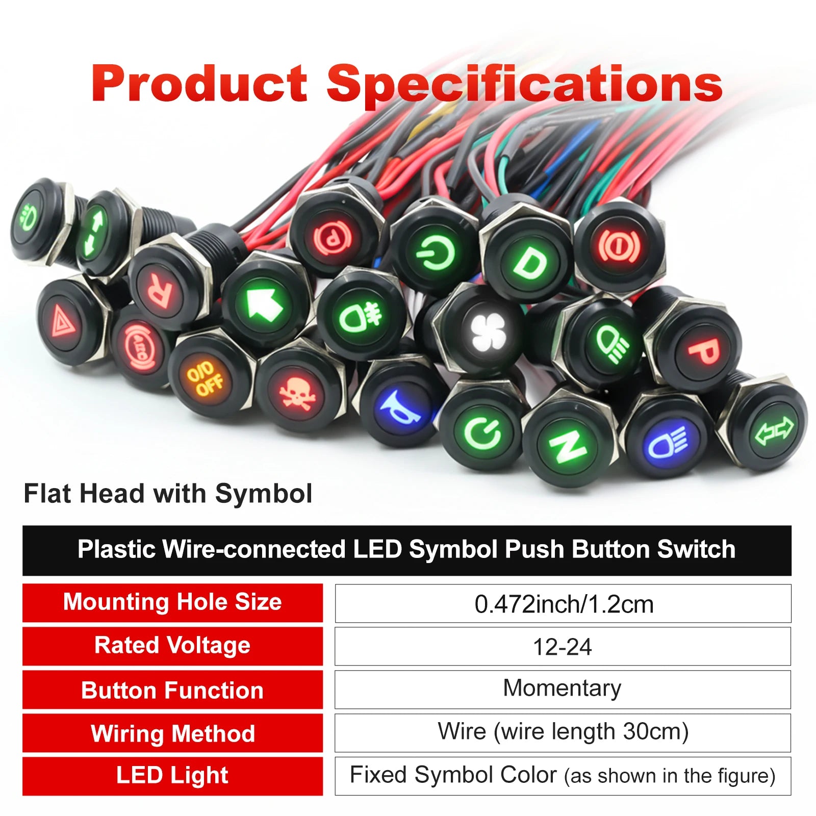 12mm Plastic Push Button Switch IP65 Waterproof 12V 24V Pre-Wired Symbol LED Dash Indicator Switch for Car Marine Boat RV Truck