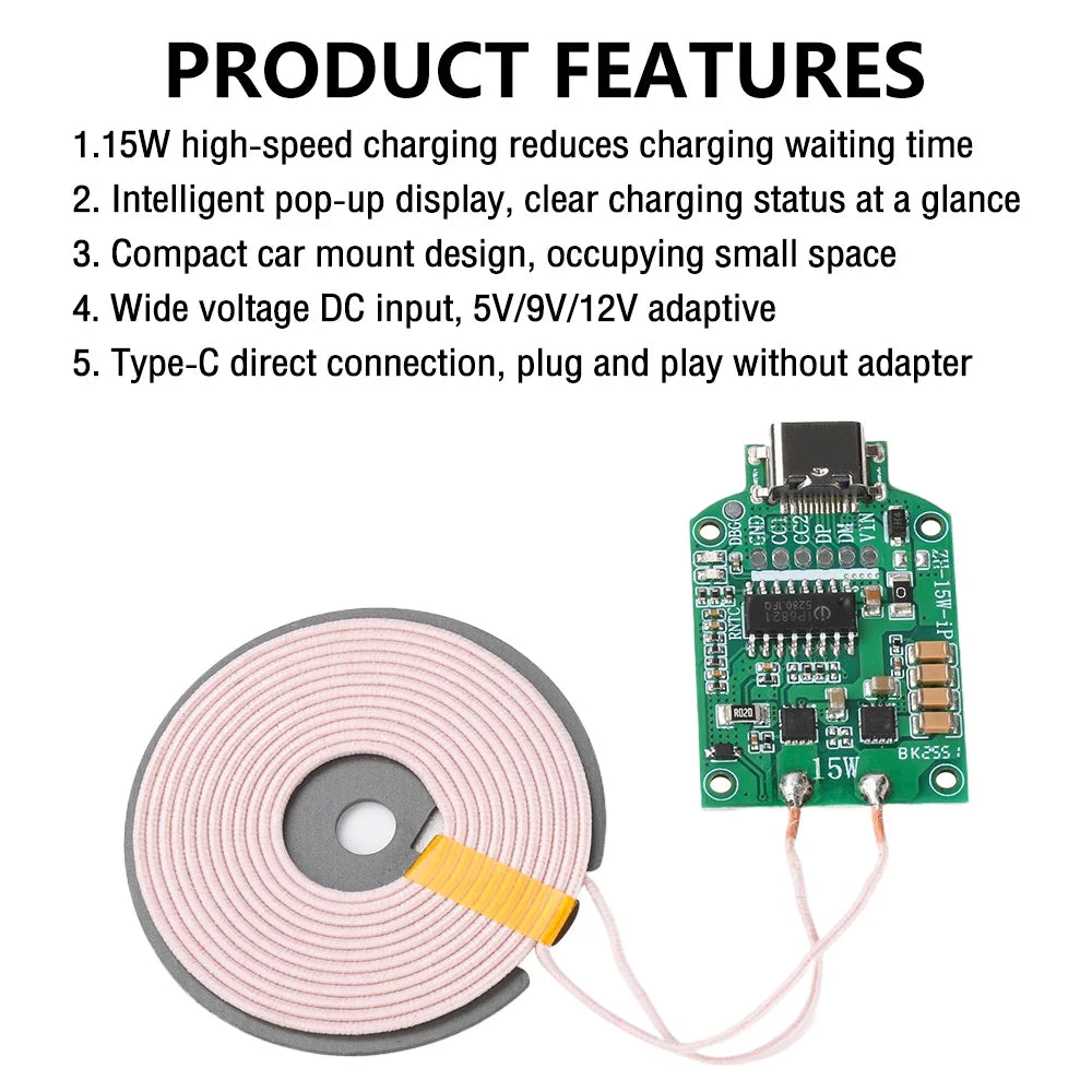 15W High-Power Wireless Charging Transmitter Module, with 5V/9V/12V DC Input, Type-C Port, and Pop-Up Display