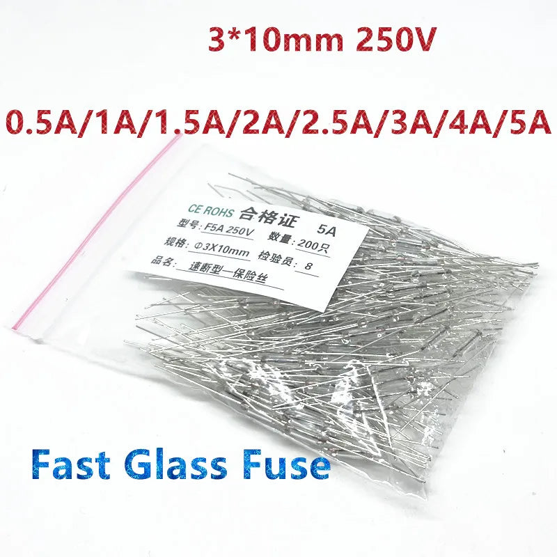 200PCS 3*10mm 0.5A/1A/1.5A/2A/2.5A/3A/4A/5A 250V Axial fast glass fuse with lead wire 3X10