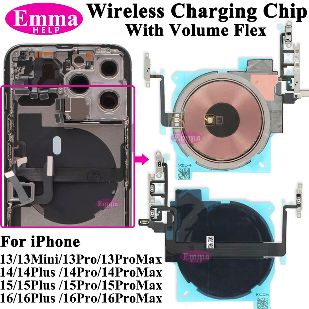 EmmaHelp 1pc For iPhone 13 Pro Max 16 14 15 8 Plus XR Wireless Charging Coil With Volume Flex Flash Charger Panel Sticker