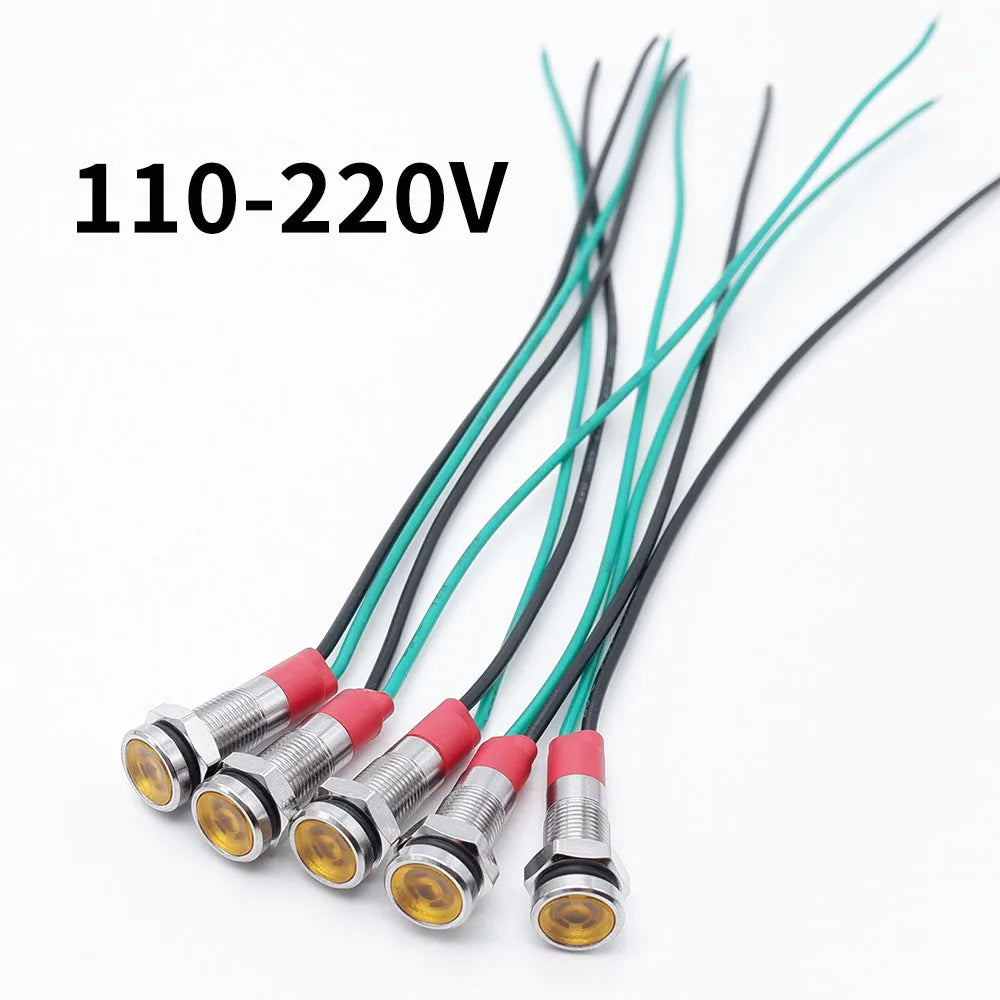5pcs 6mm Metal Indicator Light LED Warning Signal Lamp Pilot With Wire 3V 5V 6V 12V 24V 220V Red Orange Blue Green White
