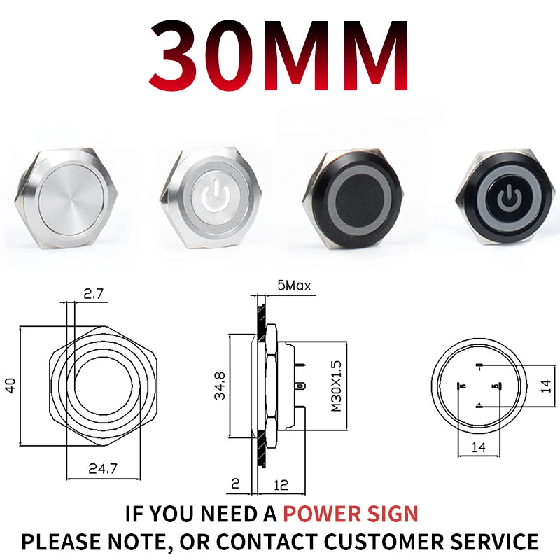 12/16/19/22/25/30mm Short Stroke Mini Waterproof Metal Push Button Switch Power Led Light Momentary 5/12/24/220V Black 1NO