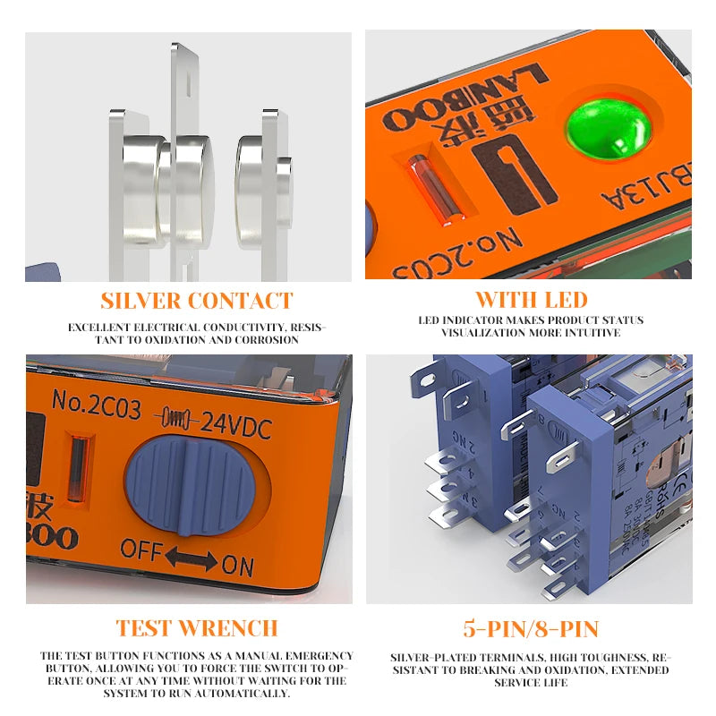 LANBOO J13A Series 5pin 8pin Intermediate Relay Auxiliary Relay 10A 12A 12V 24V 220V Custom Voltage with Test Wrench for Automot
