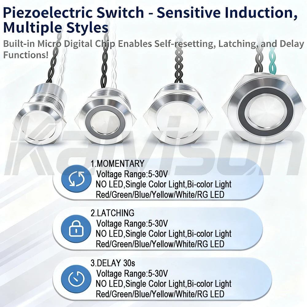 IP68 Piezo Switch 12/16/19/22/30mm Latching Waterproof Metal Touch Switch Stainless Steel Momentary Piezoelectric Ceramic Switch