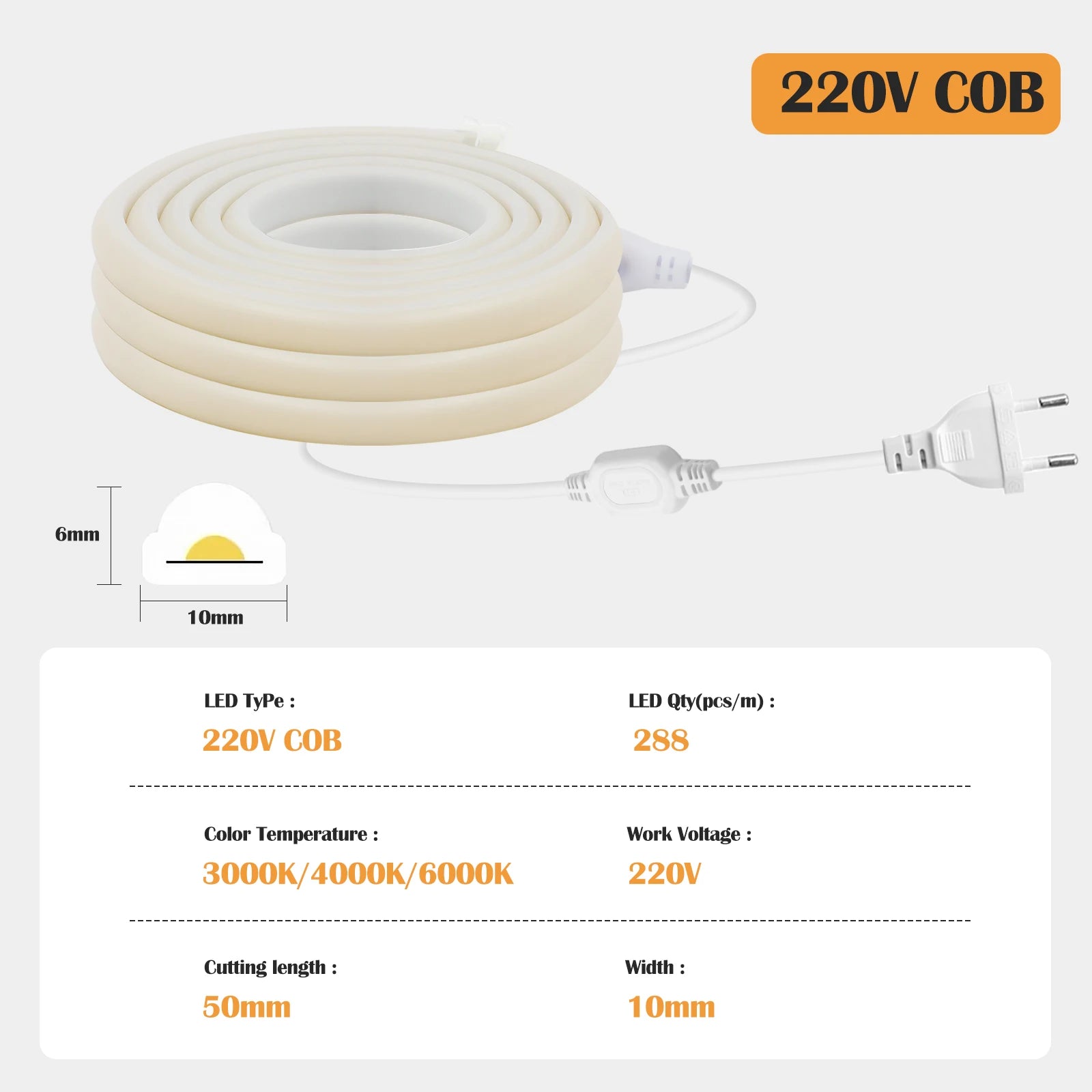 High Bright 220V 230V COB LED Milky Neon Strip Lights 288LEDs/M 3000K 4500K 6000K Waterproof Super Flexible Ribbon Tape 1-100M