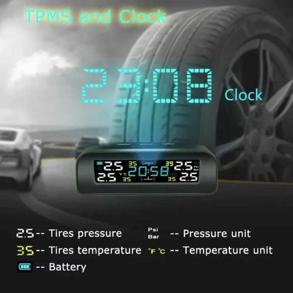 Solar Power TPMS Car Tire Pressure Monitoring System Alarm Tyre Air Pressure Meter Gauge Temperature Warning With 4 Sensors