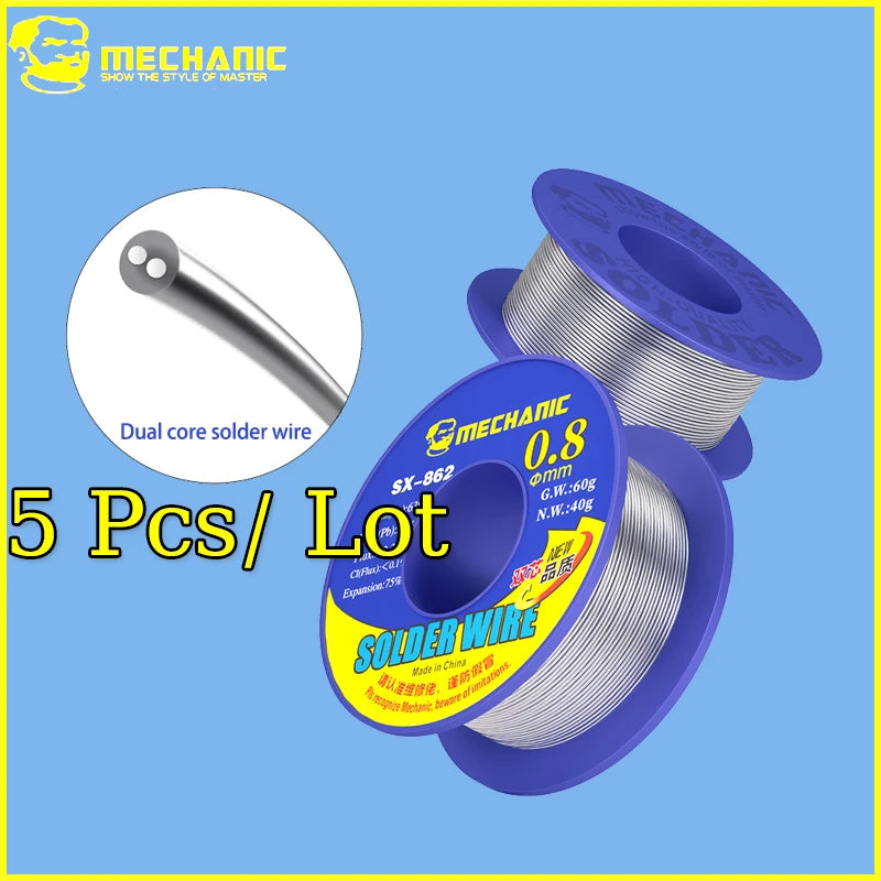 MECHANIC 0.3-1.0mm Dual Core Rosin Flux Solder Wire 40g Fast Melting Low Residue for PCB Motherboard Repair 5PCS Pack SX-862