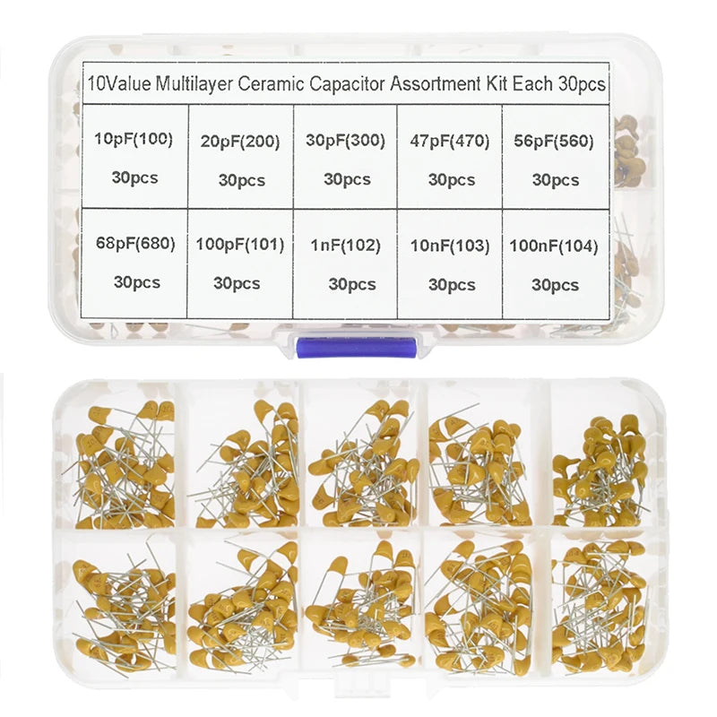 300PCS 10Value 50V 10pf 20pf 30pf 47pf 56pf 68pf 100pf 1nf 10nf 100nf Multilayer Ceramic Capacitor Assortment Kit