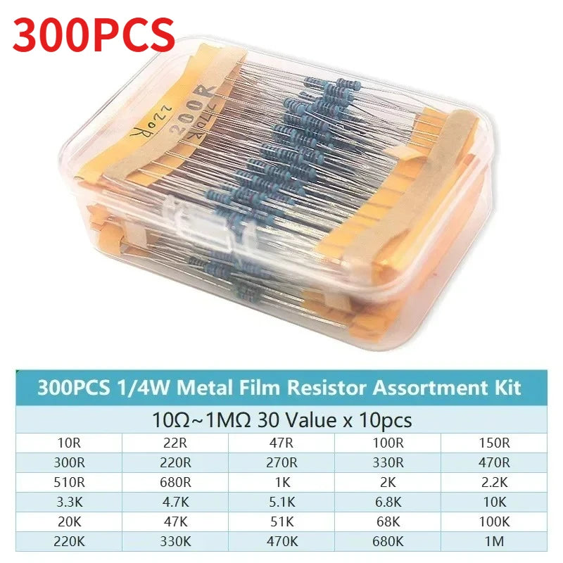 Metal Film Resistor Assortment Kit 300/600PCS 30 Values 1/4W 0.25W 1% Tolerance 10Ω~1MΩ High Precision Resistors for Arduino
