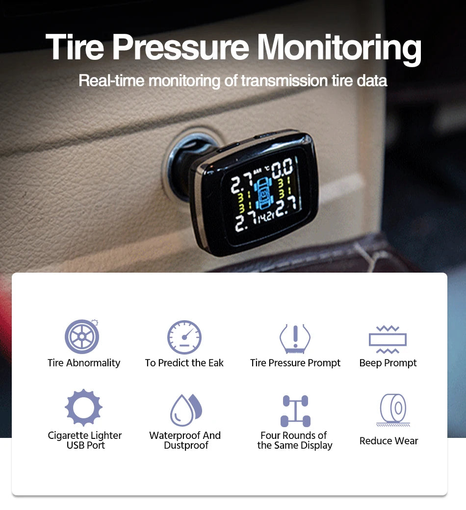 Smart Cigarette Lighter USB TPMS Car Tire Pressure Alarm Monitor System 4 Sensors Display Tyre Pressure Temperature Alarm