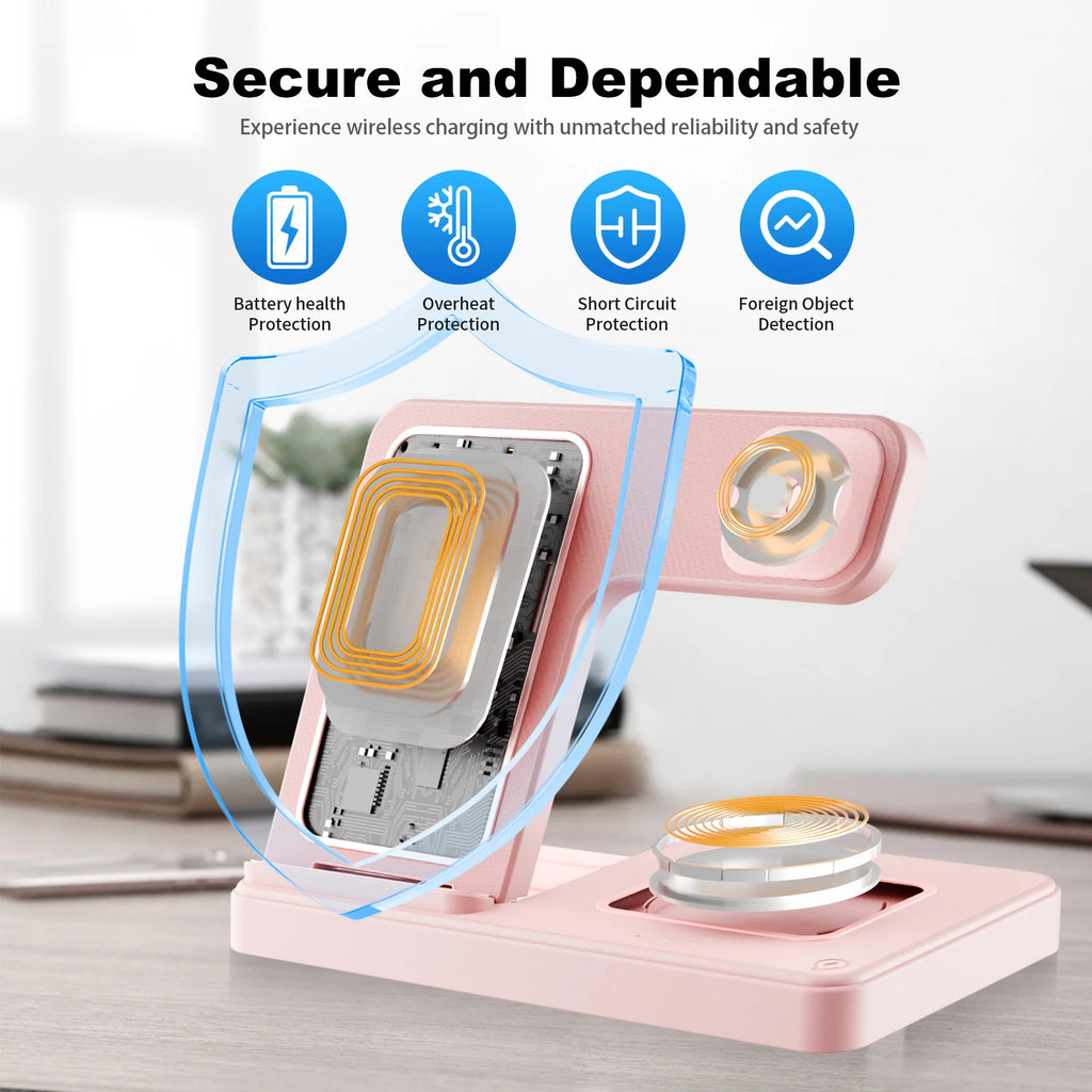 15W Magnetic Wireless Charger 3 In 1 Fast Charging Station Travel Foldable for Magsafe iPhone 1716/15/14 Apple Watch AirPods Pro