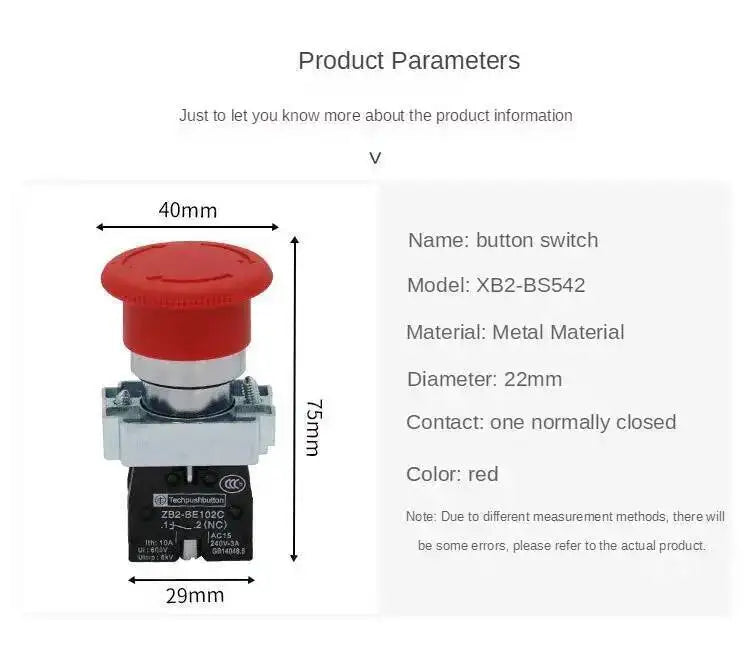 10A 22mm Mushroom Red Round Head Power Emergency Stop Push Button Switch 1NC Normally Close XB2-BS542