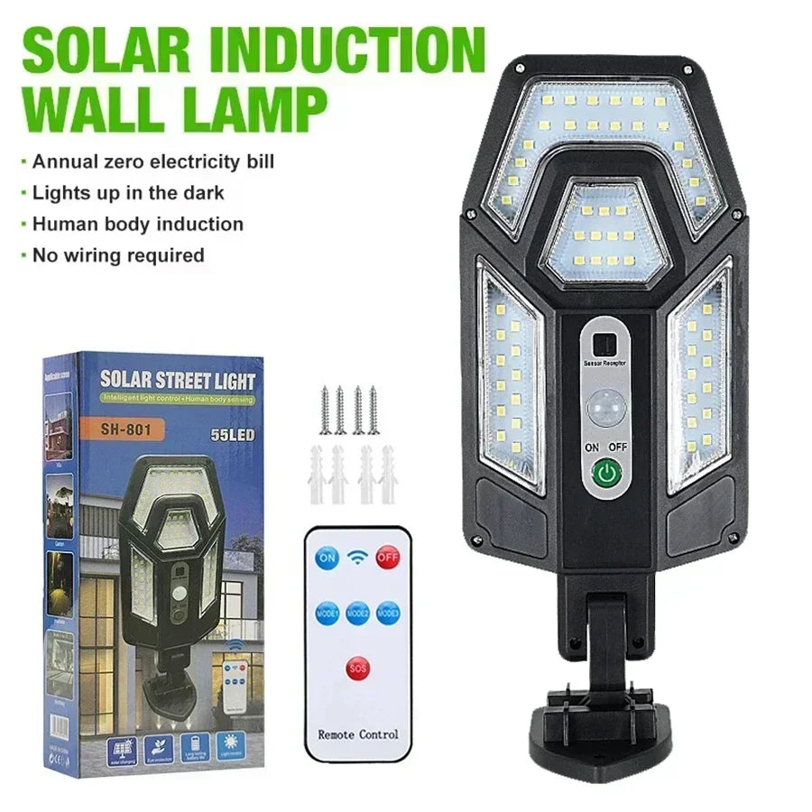 Outdoor Solar Wall Led Light with Human Body Motion Sensor 3 Modes Garden Terrace Garage Courtyard Waterproof Street Lighting