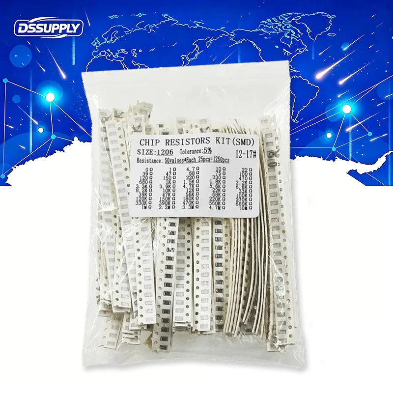 1250PCS 50Values SMD Resistor 1206 5% Pack 0Ω~10MΩ, 1R 10R 100R 220R 330R 470R 680R Chip Fixed Resistor 1K 102 10K 103 100K 104