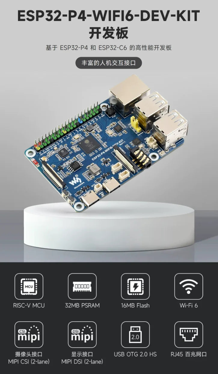 Waveshare ESP32-P4 Development Board WiFi 6 Bluetooth Communication Integrated ESP32-C6 Module Support AI Voice Interaction