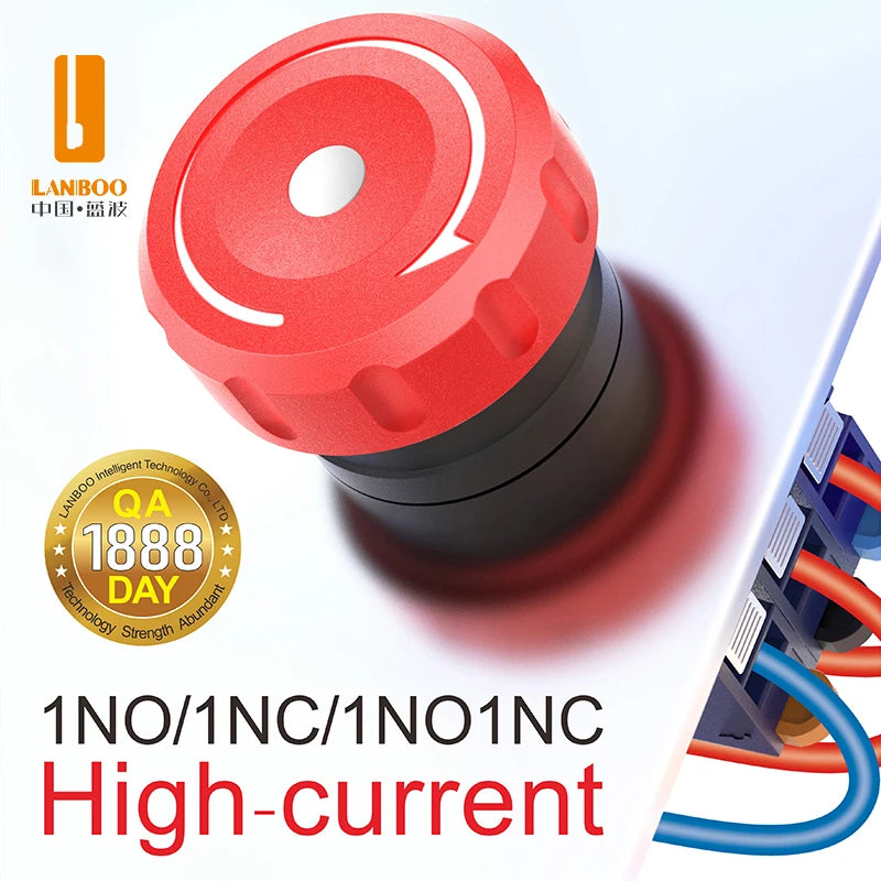 LANBOO 22mm Emergency Stop Button Waterproof Quick Plug Big Head Red Metal with LED Indicator Light 2NC E-Stop Switch for Indust
