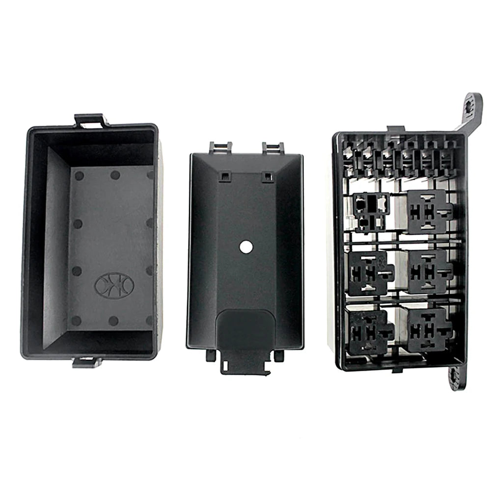 12-Slot Relay Box 6 Relays 6 ATC/ATO Standard Fuses Holder Block with 41pcs Metallic Pins Universal for Automotive Marine Use