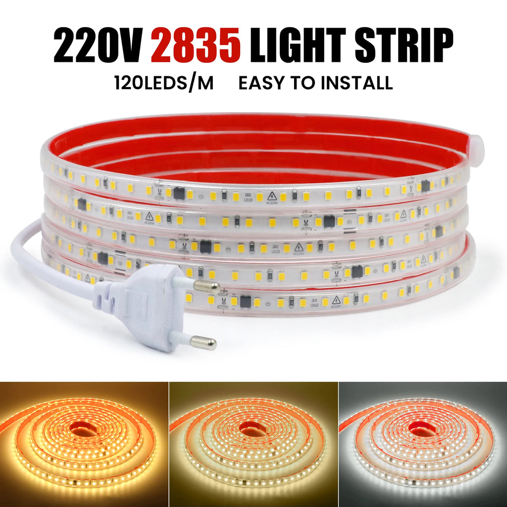 220V LED Strip 2835 120LEDs/m Waterproof 0.5M 5M 10M 20M 30M 40M Flexible Lamp Adhesive Tape White Red Green Ice Blue Pink