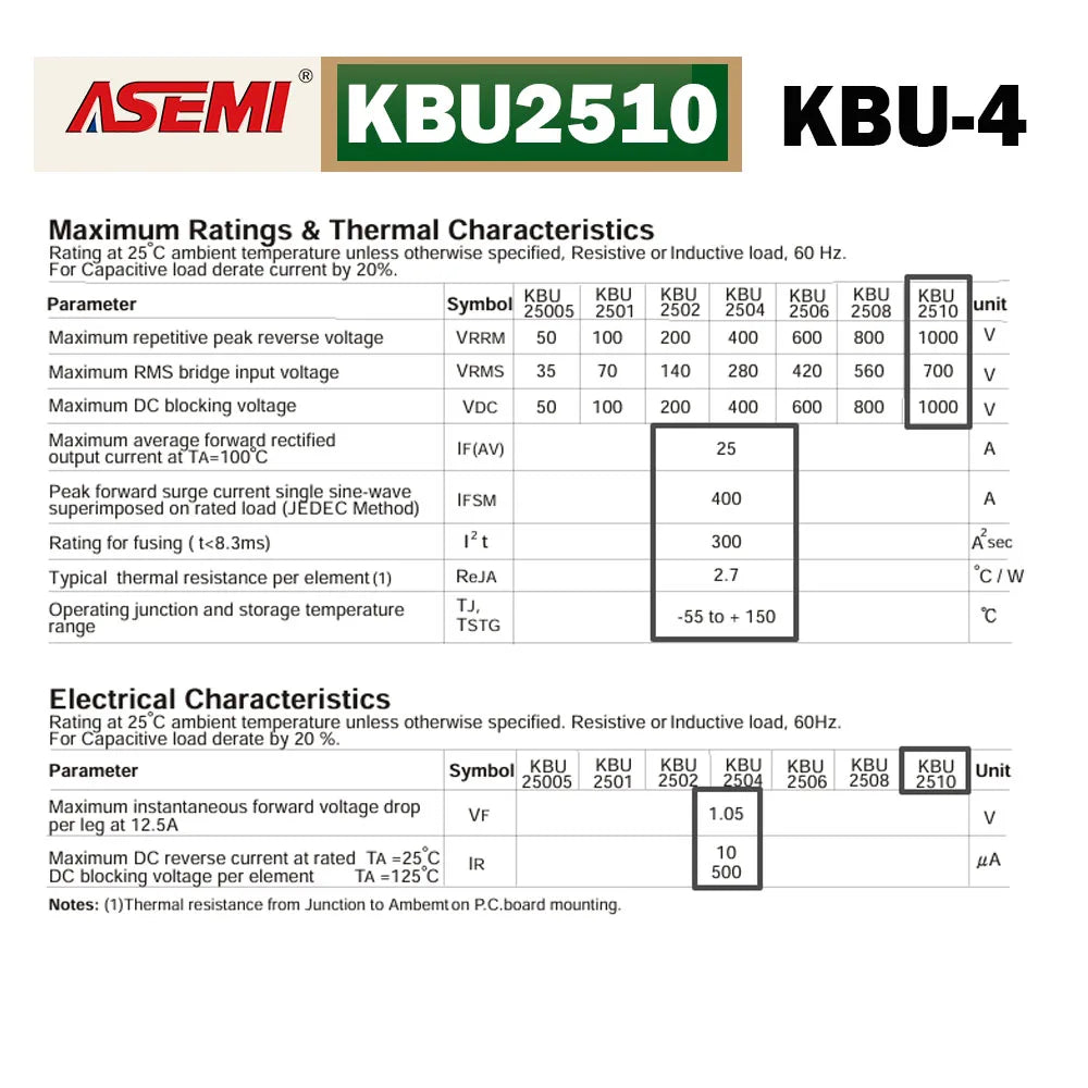 5PCS KBU2510 25A 1000V Rectifier Bridge