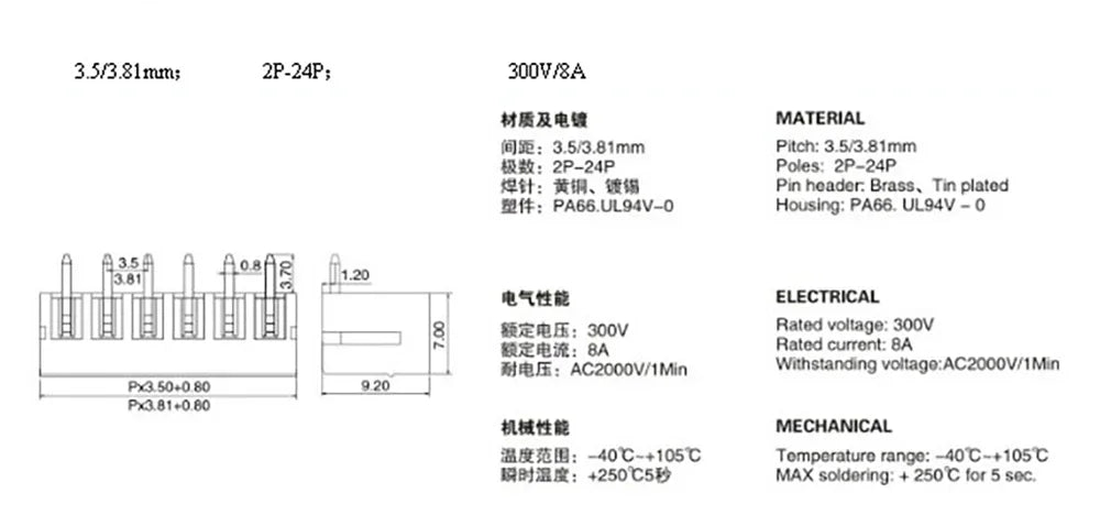 10pc 15EDG 3.5mm/0.138in 3.81mm/0.15in KF2EDGK 39500-0004 0020 Equival PCB Screw Terminal Block Connector Plug Pin Header Socket