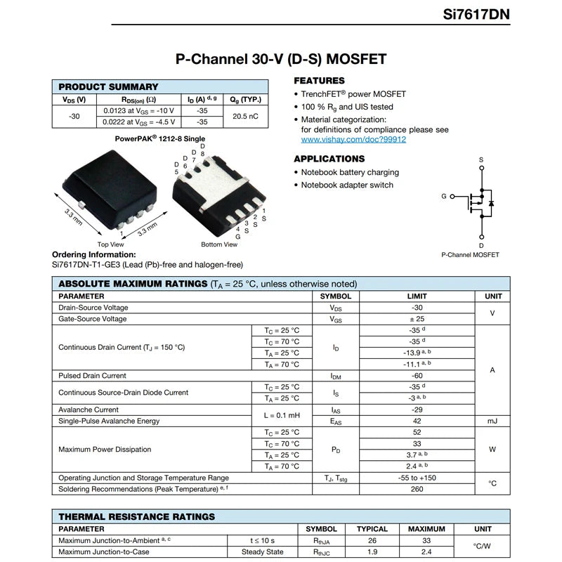 10PCS SI7617DN-T1-GE3 Code 7617 SI7617DN QFN-8 30V P-channel MOSFET