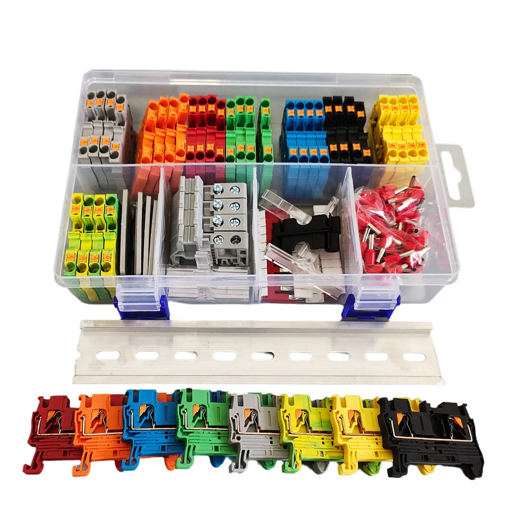 PT2.5 Din Rail Terminal Block 12AWG Push-in Spring Contact End Cover Stop Jumper Bridge Marker Strip Assembly Combined Kit