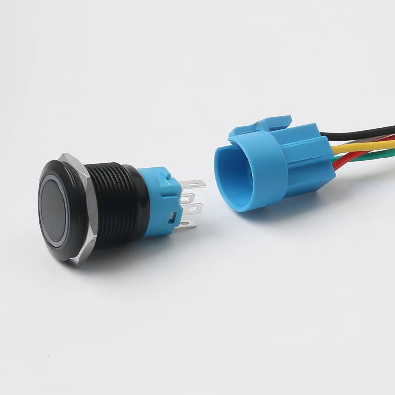 5PCS 16/19/22mm Metal Button Switch  Black Shell Flat Head Waterproof LED Momentary Reset Latching Button Switch 12V 24V 220V