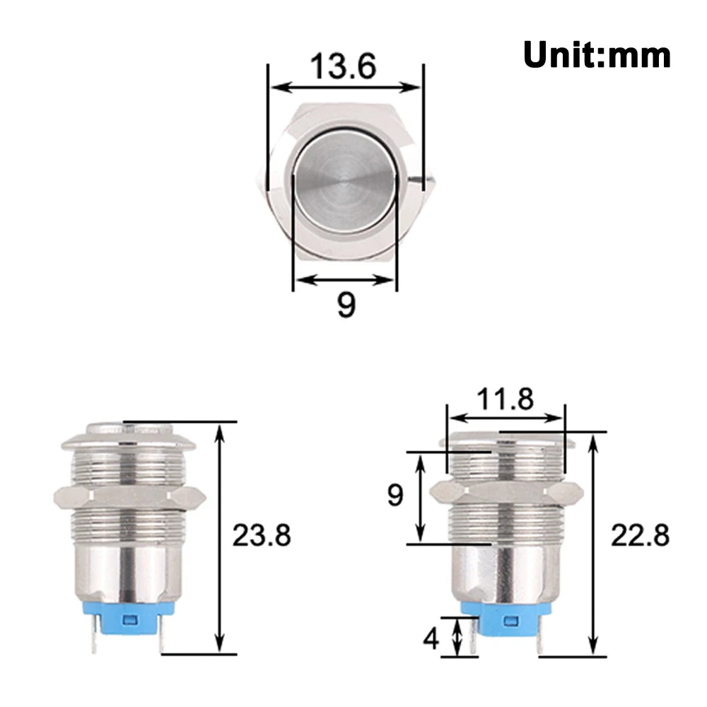1pc 12mm metal push button waterproof nickel plated brass button switch Latching/self-locking/fix high/flat head on-off NO LED