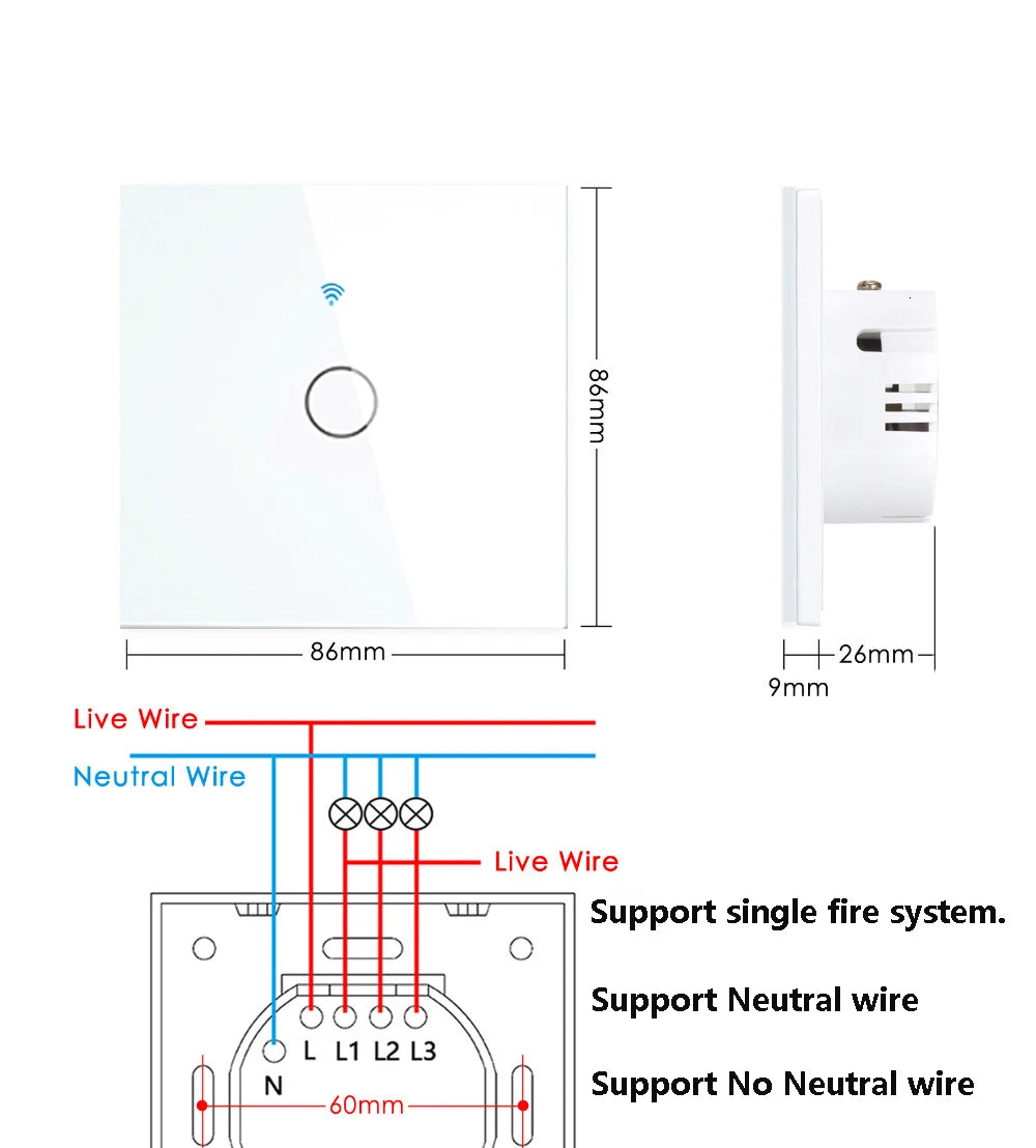 Works With Tuya WiFi Smart Switch Alexa No Neutral Wire Wireless RF433Mhz Remote Wall Touch Sensor Lightes Switch 1/2/3Gang