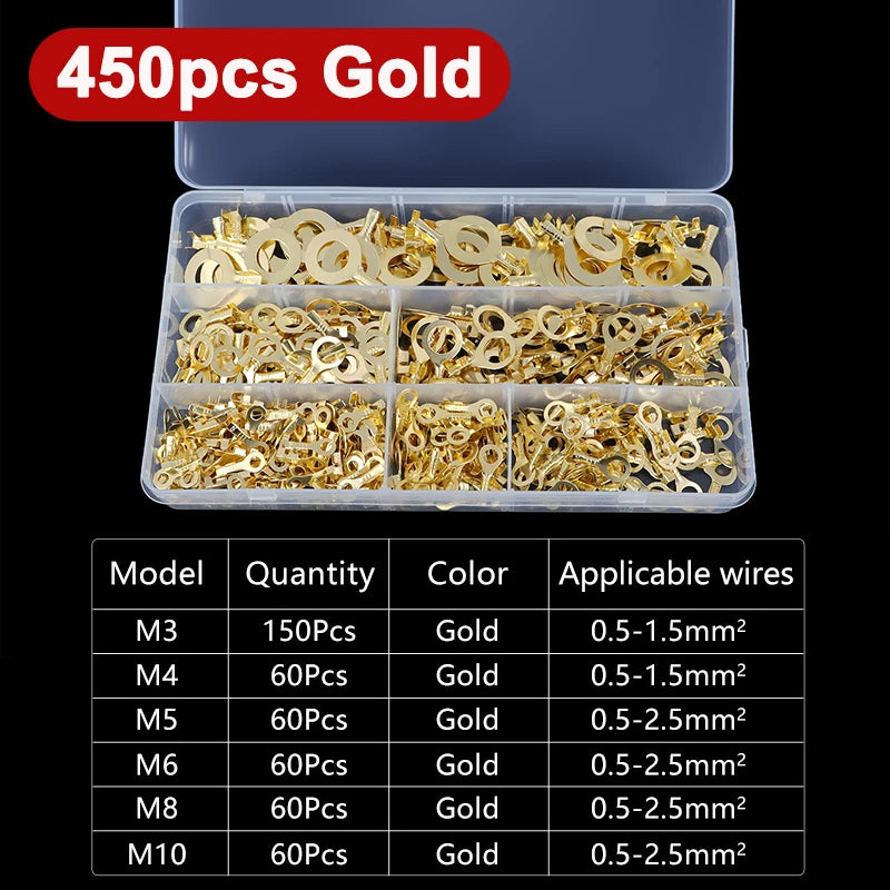 150-540pcs Boxed Terminal Block Connector M3/M4/M5/M6/M8/M10 O-type Ground Lugs Terminal Cold-Pressed Copper Tab Wiring Nose