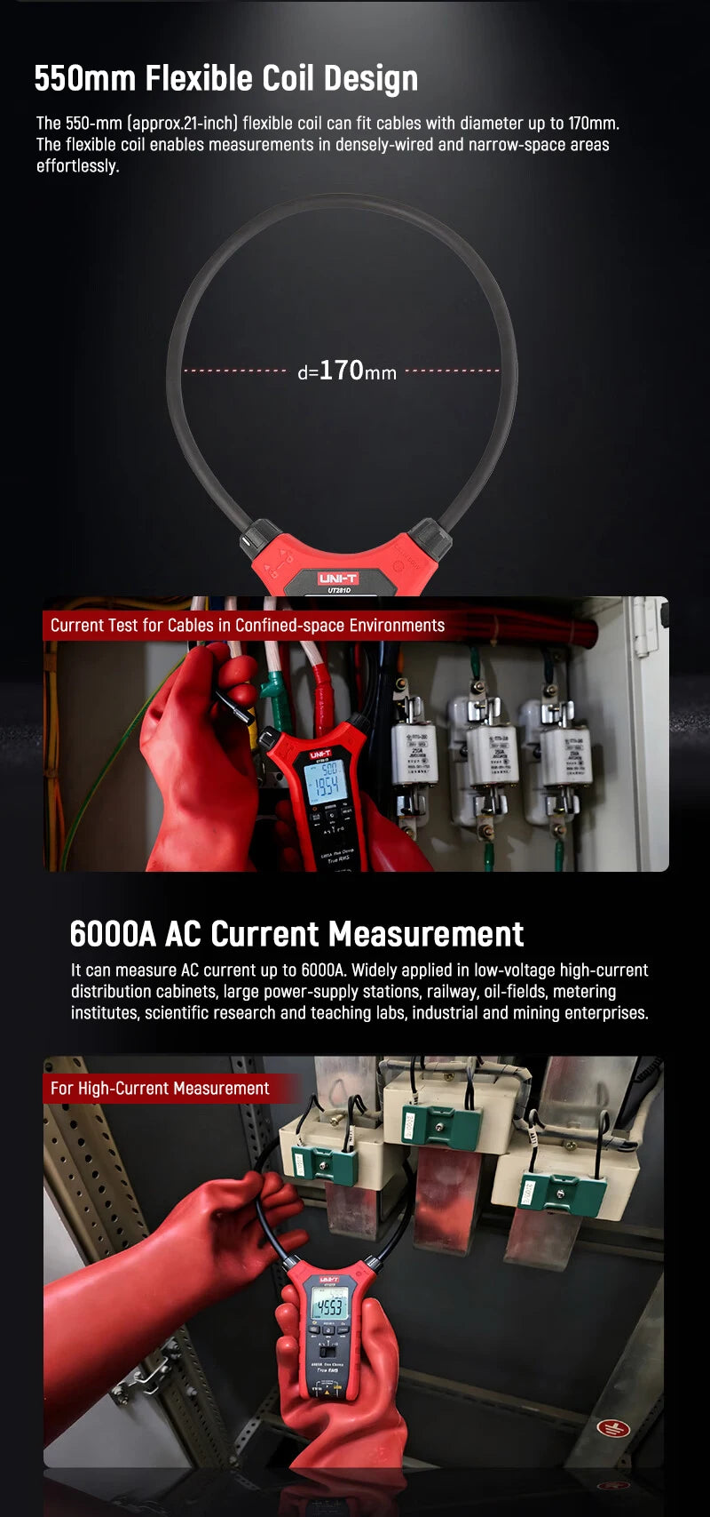 UNI-T UT281D Flexible Rogowski Coil Clamp Meter True RMS High Precision Max 6000A AC Current Measuring Instrument