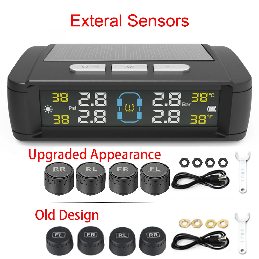 Tire Pressure Monitoring System Auto Security Alarm Systems Solar/USB Powered Tyre Temperature Monitor Car TPMS 4 Sensors