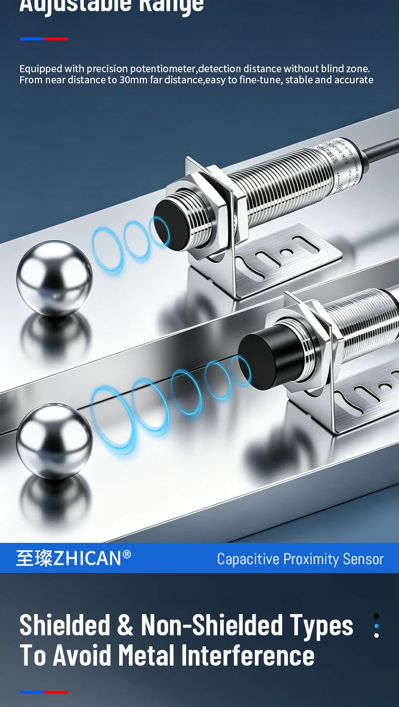 ZHICAN E2K M12 M18 Capacitive Proximity Sensor 30mm Long Range Plastics Glass Wood Metals Nonmetal Material Detection Switch