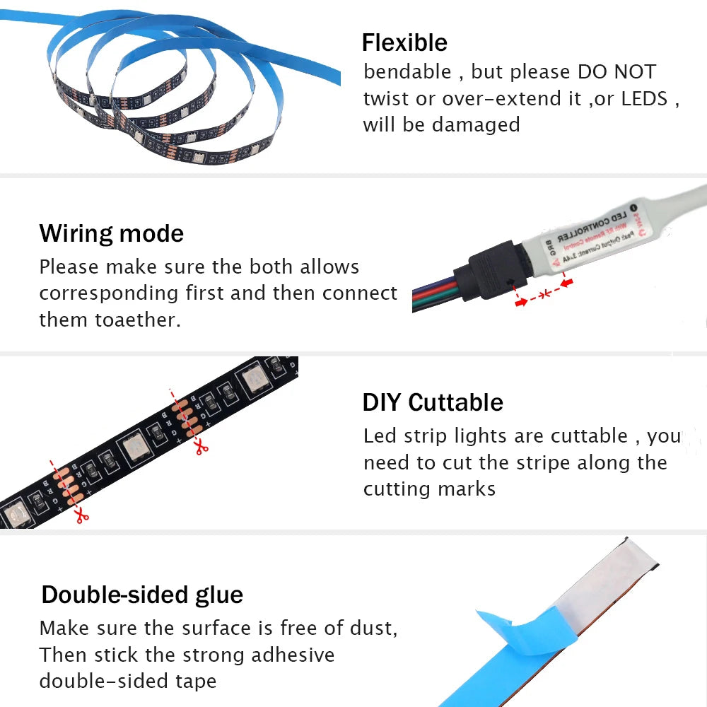 DC 5V RGB LED Strip 5050 30LEDs/m Battery Powered IP21/IP65 IR RF Remote Control Flexible Tape for TV Backlight Room Decor