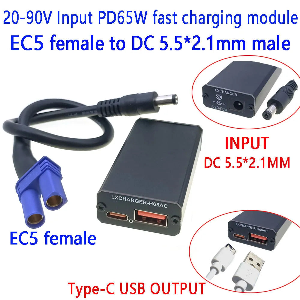 XT60 XT90 EC5 To 5V Connector DC20-90V Step Down Module PD65W PD/QC3.0 QC2.0 Double USB Type-C Mobile Phone Quick Charge Adapter