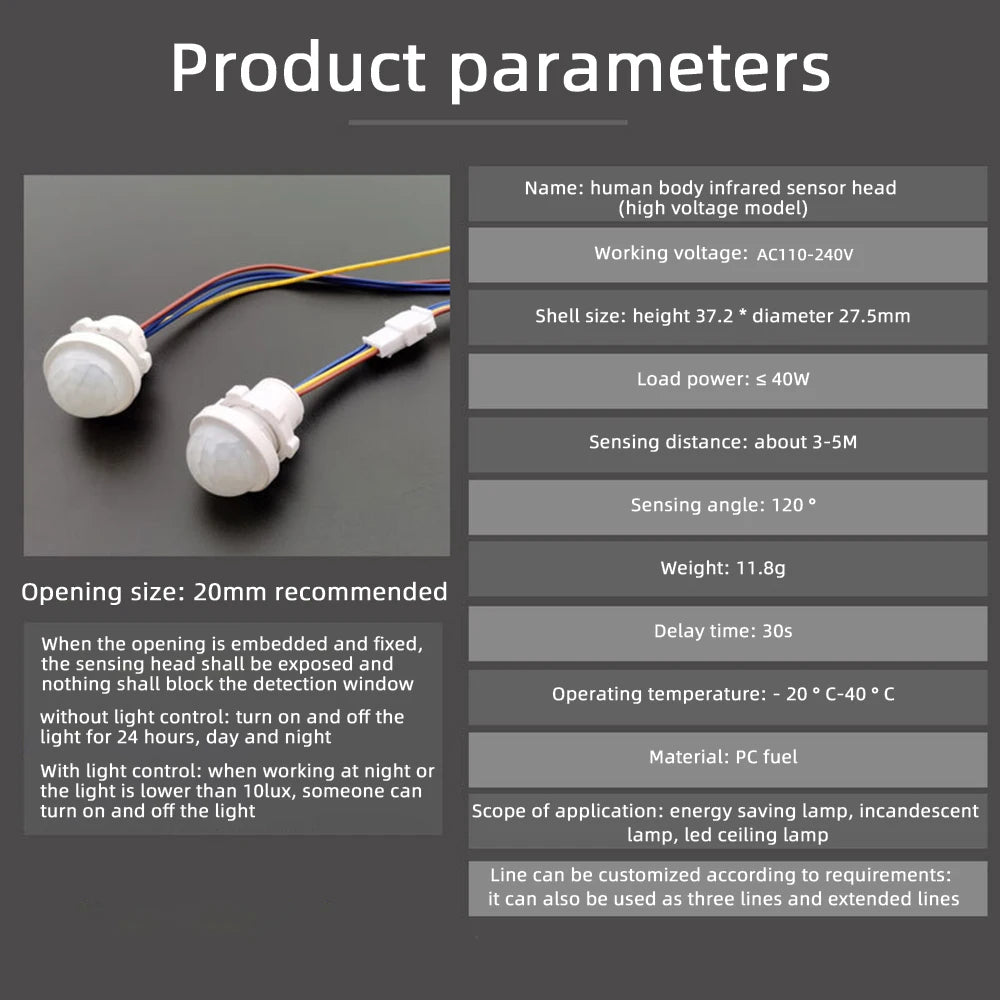 2PCS Automatic Sensor Light Switch LED Human Body Sensor Infrared Sensor Detection Infrared PIR Probe LED Body Sensor Switch