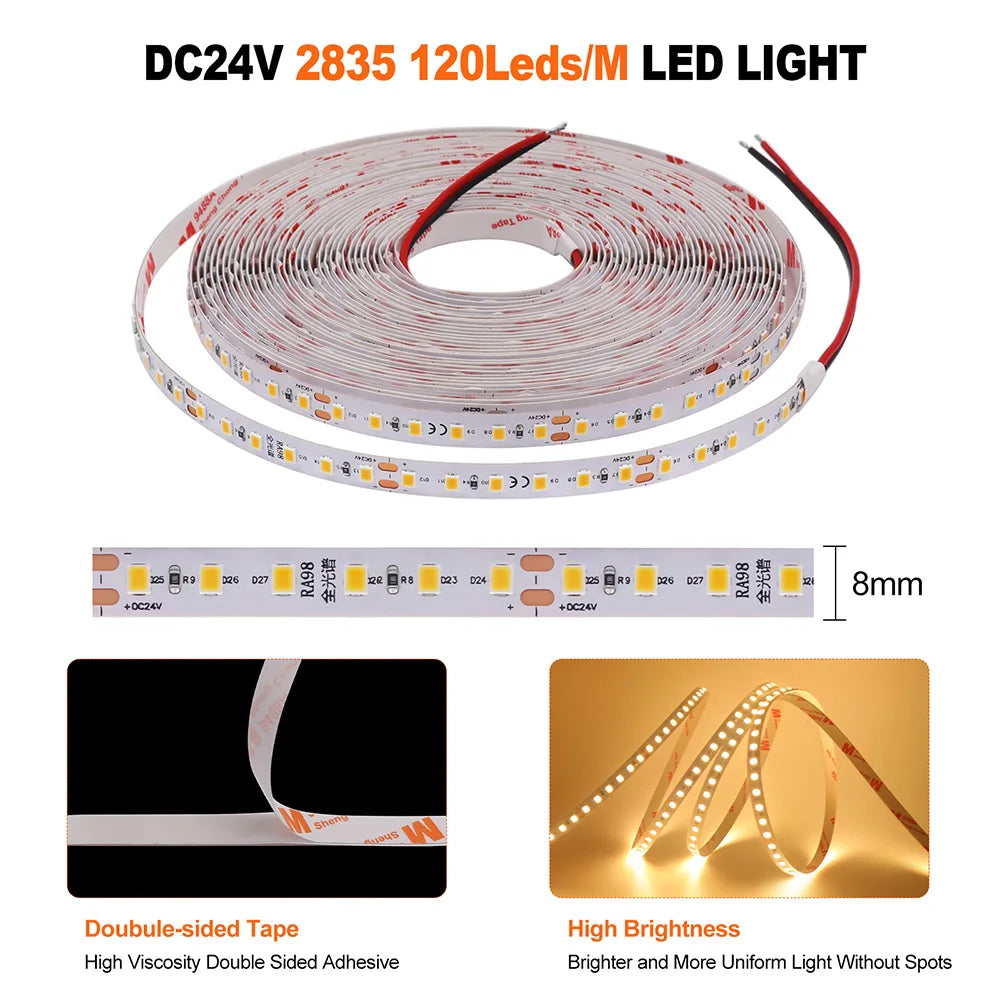 5m 10m RA98 LED Strip Light 2700K 3000K 3500K 4000K 5000K 6000K 12V 24V 2835 Flex Tape Stripe Hight Bright 120LED Home Lighting