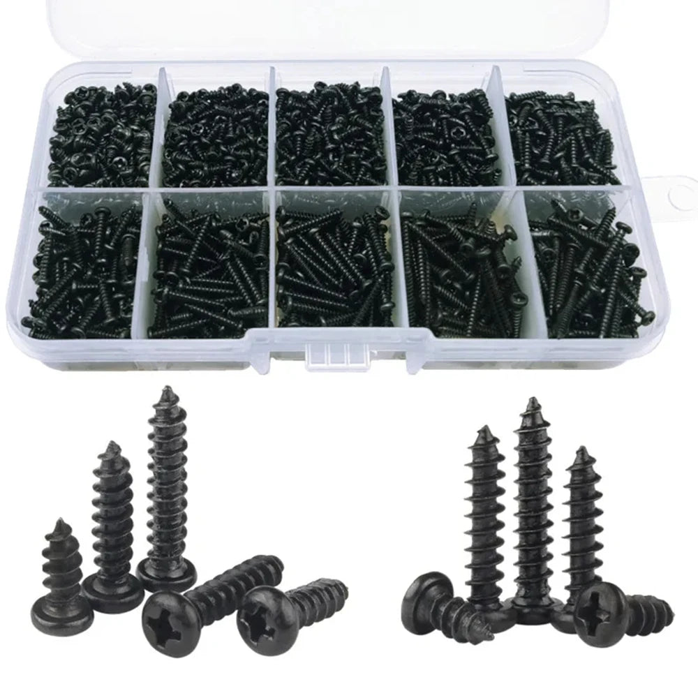 300Pcs M2 Black Phillips Pan Head Self Tapping Screws Assortment Kit, Carbon Steel Round Head Screws Set