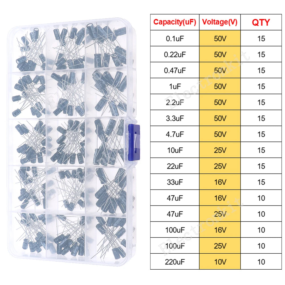16V 25V 35V 50V 0.1uF to 2200uF DIP SMD Aluminum Electrolytic Capacitors Assortment Kit Set