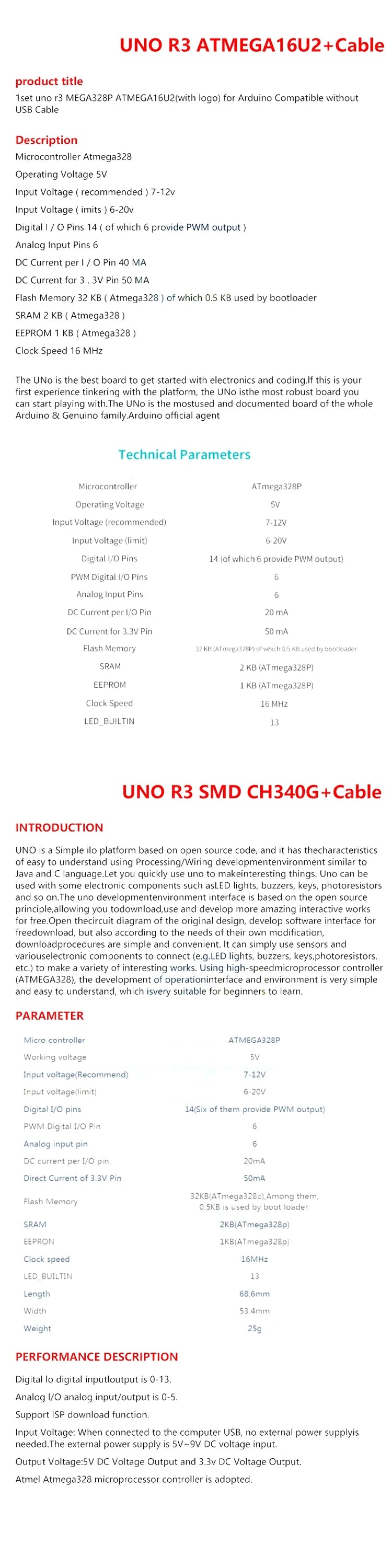 UNO R3 Development Board ATMEGA328P CH340 / ATEGA16U2 Compatible For Arduino with Cable R3/R4 UNO Proto Shield Expansion Board