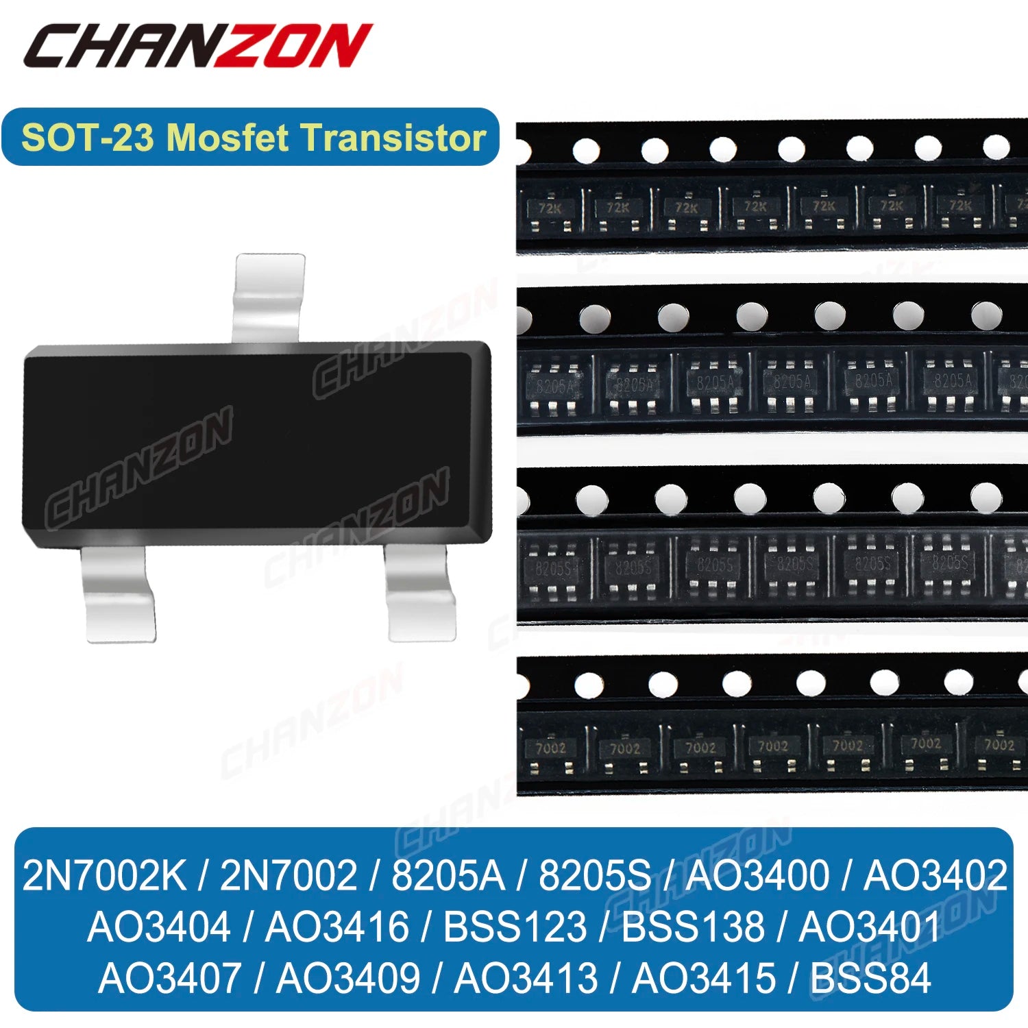 Sot23 N P Channel Mosfet 2N7002 Bss138 8205A Ao3400 Ao3401 Bss84 Ao3407 Ao3416 Bss123 Ao3402 8205S 2N7002K Smd Mark Transistor