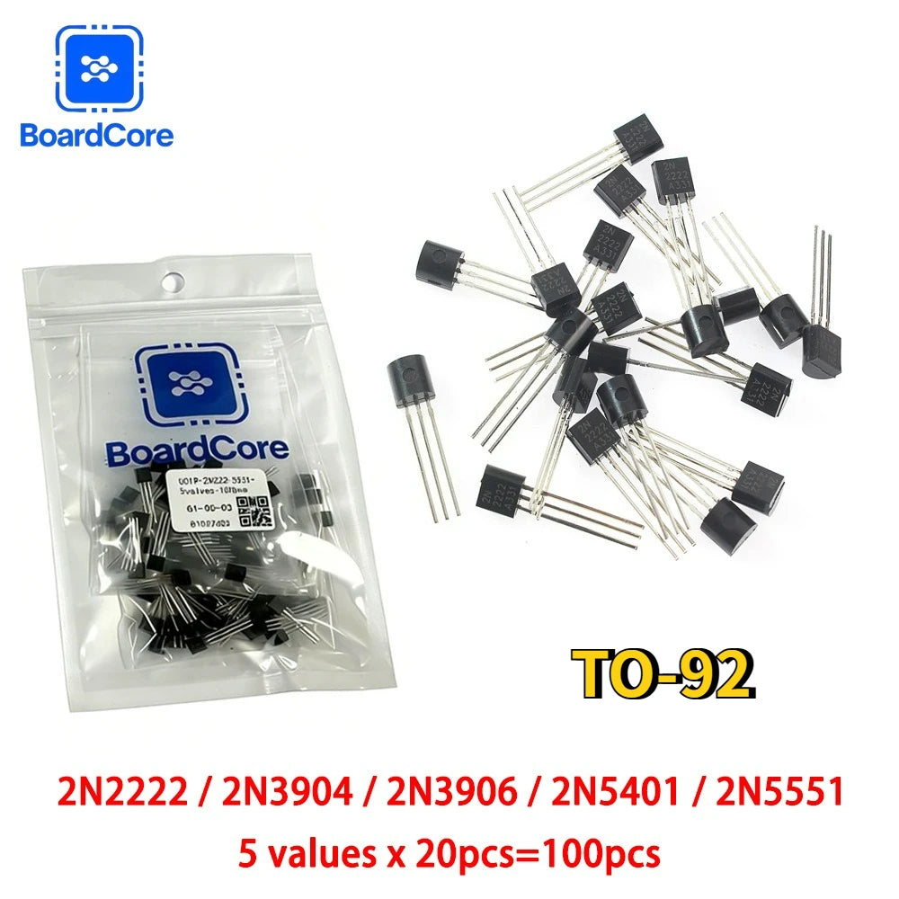 100PCS Transistors Kit 2N2222 2N3904 2N3906 2N5401 2N5551 NPN PNP Transistor Assortment for Arduino Electronics DIY Projects